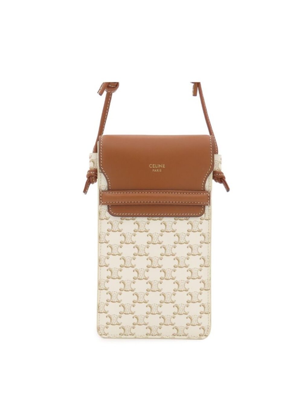 Celine Triomphe Mobile Pouch Shoulder Bag Pochette White Brown Leather